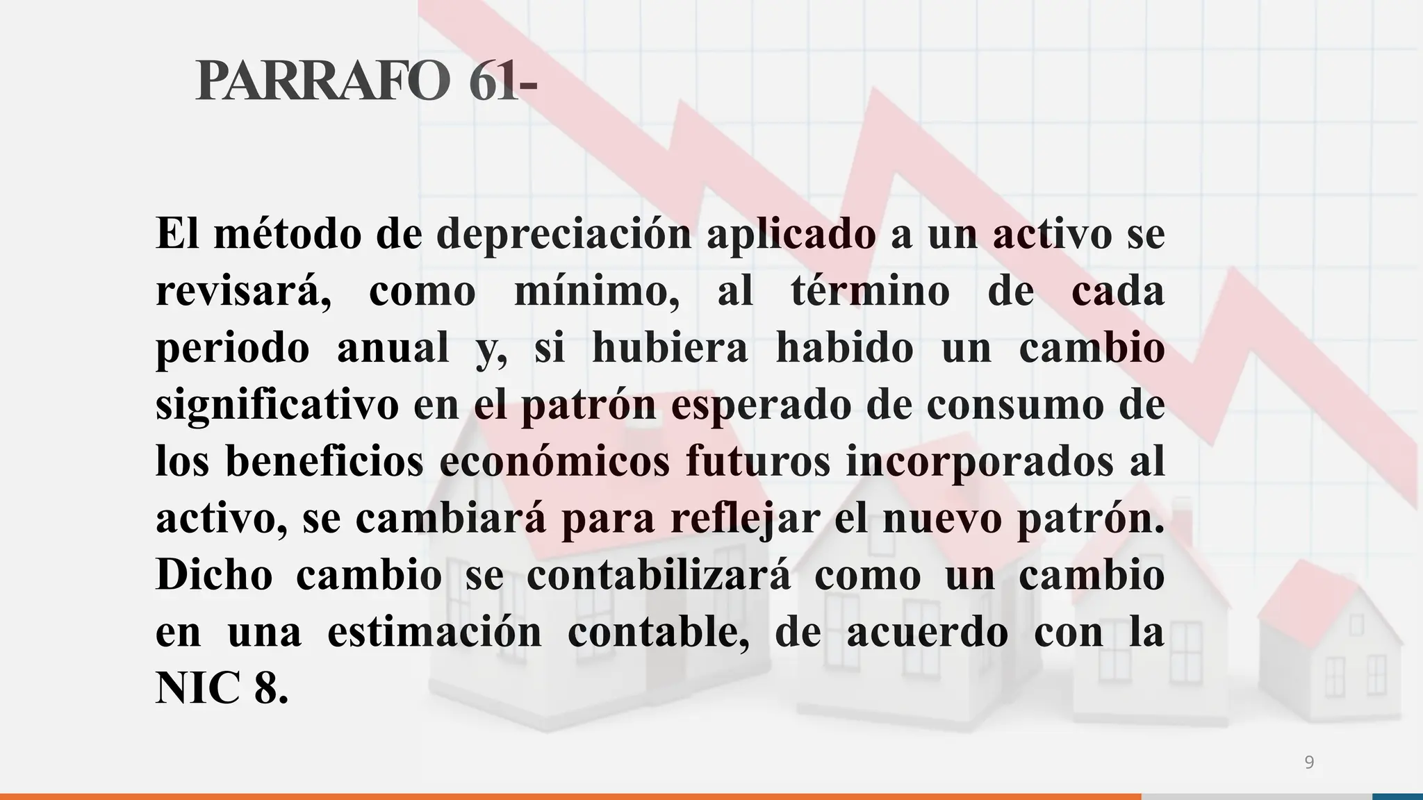 PARRAFO 61-
9
El método de depreciación aplicado a un activo se
revisará, como mínimo, al término de cada
periodo anual y, si hubiera habido un cambio
significativo en el patrón esperado de consumo de
los beneficios económicos futuros incorporados al
activo, se cambiará para reflejar el nuevo patrón.
Dicho cambio se contabilizará como un cambio
en una estimación contable, de acuerdo con la
NIC 8.
 