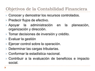 Objetivos de la Contabilidad FinancieraConocer y demostrar los recursos controlados.Predecir flujos de efectivo.Apoyar la administración en la planeación, organización y dirección.Tomar decisiones de inversión y crédito.Evaluar la gestiónEjercer control sobre la operación.Determinar las cargas tributarias.Conformar la estadística nacional.Contribuir a la evaluación de beneficios e impacto social.