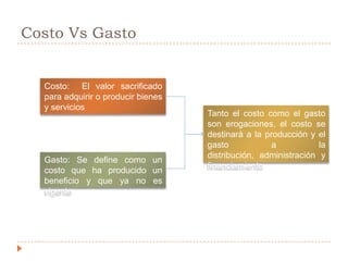 Costo Vs GastoCosto:  El valor sacrificado para adquirir o producir bienes y serviciosTanto el costo como el gasto son erogaciones, el costo se destinará a la producción y el gasto a la distribución, administración y financiamientoGasto: Se define como un costo que ha producido un beneficio y que ya no es vigente