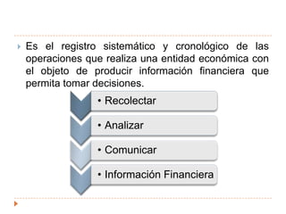 Es el registro sistemático y cronológico de las operaciones que realiza una entidad económica con el objeto de producir información financiera que permita tomar decisiones.