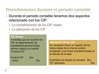 Procedimientos antes del periodo contableLa empresa debe decidir cuál va a ser el factor para aplicar a los CIF.  El factor se llama tasa predeterminadaTasa predeterminada:  es el factor para aplicar a los CIF.  Y es el cociente de dos cantidades predeterminadas o presupuestadas para el periodo contable.