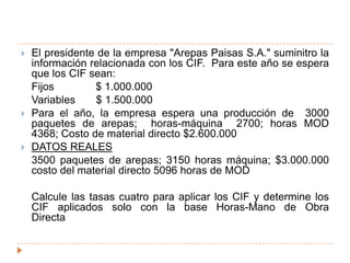 Procedimientos durante el periodo contableDurante el periodo contable tenemos dos aspectos relacionado con los CIF:La contabilización de los CIF realesLa aplicación de los CIFCIF RealesA medida que se incurren los CIF, el departamento de contabilidad general carga dichos costos a la cuenta “Control CIF”Control CIF         $xxxxxxx                          $xxAplicación de los CIFEs necesario llevar un registro de los datos reales de la misma unidad empleada como base predeterminada en el calculo de la tasaInventario de trabajo en proceso   $xxCIF aplicados                                      $xx