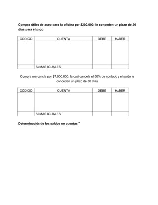 Compra útiles de aseo para la oficina por $200.000, le conceden un plazo de 30
días para el pago
CODIGO

CUENTA

DEBE

HABER

SUMAS IGUALES
Compra mercancía por $7.000.000, la cual cancela el 50% de contado y el saldo le
conceden un plazo de 30 días
CODIGO

CUENTA

SUMAS IGUALES
Determinación de los saldos en cuentas T

DEBE

HABER

 