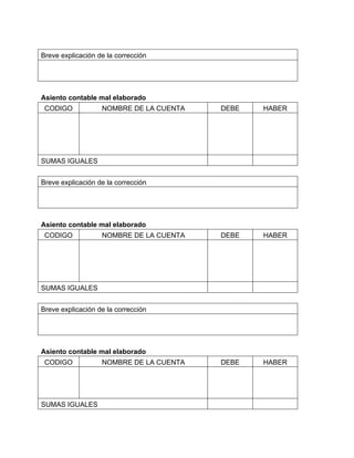 Breve explicación de la corrección

Asiento contable mal elaborado
CODIGO

NOMBRE DE LA CUENTA

DEBE

HABER

DEBE

HABER

DEBE

HABER

SUMAS IGUALES
Breve explicación de la corrección

Asiento contable mal elaborado
CODIGO

NOMBRE DE LA CUENTA

SUMAS IGUALES
Breve explicación de la corrección

Asiento contable mal elaborado
CODIGO

SUMAS IGUALES

NOMBRE DE LA CUENTA

 