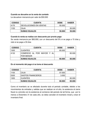 Cuando se devuelve en la venta de contado 
Le devuelven mercancía por valor de $50.000 
CODIGO CUENTA DEBE HABER 
4175 DEVOLUCIONES EN VENTAS 50.000 
1105 CAJA 50.000 
SUMAS IGUALES 50.000 50.000 
Cuando la venta se realiza con descuento por pronto pago 
Se vende mercancía por $60.000, con un descuento del 5% si se paga a 15 días y 
neto si se paga a 30 días 
CODIGO CUENTA DEBE HABER 
1305 CLIENTES 60.000 
4135 COMERCIO AL POR MAYOR Y AL 
POR MENOR 
60.000 
SUMAS IGUALES 60.000 60.000 
En el momento del pago si se toma el descuento 
CODIGO CUENTA DEBE HABER 
1105 CAJA 57.000 
5305 GASTOS FINANCIEROS 3.000 
1305 CLIENTES 60.000 
SUMAS IGUALES 60.000 60.000 
Como el inventario se ve afectado durante todo el periodo contable, debido a los 
movimientos de entradas y salidas que se realizan en el año, la existencia al cierre 
fiscal no coincide con la existencia al comienzo del periodo de tal forma, que por lo 
menos a Diciembre 31 de cada año, se deba cancelar el inventario inicial y crear el 
inventario final. 
 