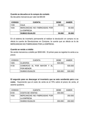 Cuando se devuelve en la compra de contado 
Se devuelve mercancía por valor de $50.00 
CODIGO CUENTA DEBE HABER 
1105 CAJA 50.000 
1435 MERCANCIAS NO FABRICADAS POR 
LA EMPRESA 
50.000 
SUMAS IGUALES 50.000 50.000 
En el sistema de inventario permanente al realizar la devolución en compra no se 
afecta la cuenta de Devoluciones en Compras, la cuenta que se afecta es la de 
MERCANCIAS NO FABRICADAS POR LA EMPRESA. 
Cuando se vende a crédito 
Se vende mercancía a crédito por $500.000. El primer paso es registrar la venta a su 
precio 
CODIGO CUENTA DEBE HABER 
1305 CLIENTES 500.000 
4135 COMERCIO AL POR MAYOR Y AL 
POR MENOR 
500.000 
SUMAS IGUALES 500.000 500.000 
El segundo paso es descargar el inventario que se esta vendiendo pero a su 
costo. Suponiendo que el costo de venta es el 70% sobre el precio de venta, el 
asiento quedaría: 
CODIGO CUENTA DEBE HABER 
6105 COSTO DE VENTAS 350.000 
1435 MERCANCIAS NO FABRICADAS POR 
LA EMPRESA 
350.000 
SUMAS IGUALES 350.000 350.000 
 