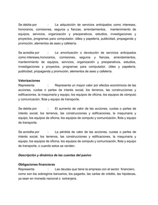 Se debita por : La adquisición de servicios anticipados como intereses, 
honorarios, comisiones, seguros y fianzas, arrendamientos, mantenimiento de 
equipos, servicios, organización y preoperativos, estudios, investigaciones y 
proyectos, programas para computador, útiles y papelería, publicidad, propaganda y 
promoción, elementos de aseo y cafetería. 
Se acredita por : La amortización o devolución de servicios anticipados 
como intereses, honorarios, comisiones, seguros y fianzas, arrendamientos, 
mantenimiento de equipos, servicios, organización y preoperativos, estudios, 
investigaciones y proyectos, programas para computador, útiles y papelería, 
publicidad, propaganda y promoción, elementos de aseo y cafetería. 
Valorizaciones 
Representa : Representa un mayor valor por efectos económicos de las 
acciones, cuotas o partes de interés social, los terrenos, las construcciones y 
edificaciones, la maquinaria y equipo, los equipos de oficina, los equipos de cómputo 
y comunicación, flota y equipo de transporte. 
Se debita por : El aumento de valor de las acciones, cuotas o partes de 
interés social, los terrenos, las construcciones y edificaciones, la maquinaria y 
equipo, los equipos de oficina, los equipos de computo y comunicación, flota y equipo 
de transporte. 
Se acredita por : La pérdida de valor de las acciones, cuotas o partes de 
interés social, los terrenos, las construcciones y edificaciones, la maquinaria y 
equipo, los equipos de oficina, los equipos de computo y comunicación, flota y equipo 
de transporte, o cuando estos se venden. 
Descripción y dinámica de las cuentas del pasivo 
Obligaciones financieras 
Representa : Las deudas que tiene la empresa con el sector financiero, 
como son los sobregiros bancarios, los pagarés, las cartas de crédito, las hipotecas, 
ya sean en moneda nacional o extranjera. 
 