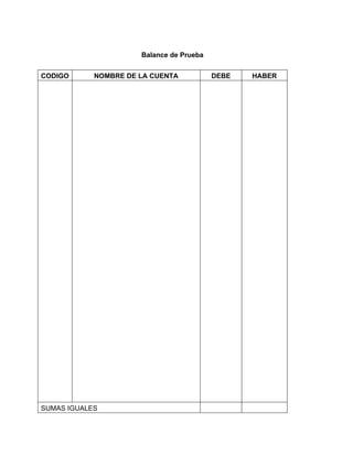 Balance de Prueba 
CODIGO NOMBRE DE LA CUENTA DEBE HABER 
SUMAS IGUALES 
 