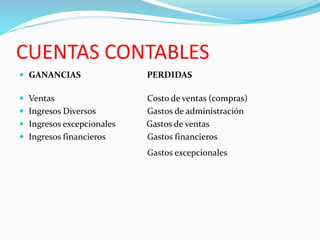 CUENTAS CONTABLES
 GANANCIAS PERDIDAS
 Ventas Costo de ventas (compras)
 Ingresos Diversos Gastos de administración
 Ingresos excepcionales Gastos de ventas
 Ingresos financieros Gastos financieros
Gastos excepcionales
 