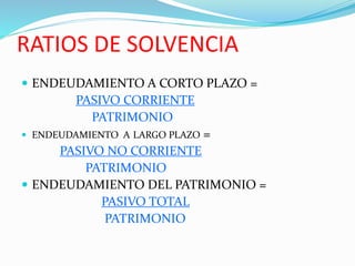 RATIOS DE SOLVENCIA
 ENDEUDAMIENTO A CORTO PLAZO =
PASIVO CORRIENTE
PATRIMONIO
 ENDEUDAMIENTO A LARGO PLAZO =
PASIVO NO CORRIENTE
PATRIMONIO
 ENDEUDAMIENTO DEL PATRIMONIO =
PASIVO TOTAL
PATRIMONIO
 
