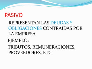 PASIVO
REPRESENTAN LAS DEUDAS Y
OBLIGACIONES CONTRAÍDAS POR
LA EMPRESA.
EJEMPLO:
TRIBUTOS, REMUNERACIONES,
PROVEEDORES, ETC.
 