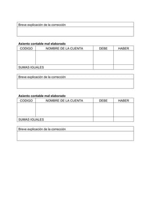 Breve explicación de la corrección
Asiento contable mal elaborado
CODIGO NOMBRE DE LA CUENTA DEBE HABER
SUMAS IGUALES
Breve explicación de la corrección
Asiento contable mal elaborado
CODIGO NOMBRE DE LA CUENTA DEBE HABER
SUMAS IGUALES
Breve explicación de la corrección
 
