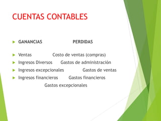 CUENTAS CONTABLES
 GANANCIAS PERDIDAS
 Ventas Costo de ventas (compras)
 Ingresos Diversos Gastos de administración
 Ingresos excepcionales Gastos de ventas
 Ingresos financieros Gastos financieros
Gastos excepcionales
 