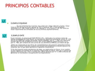 PRINCIPIOS CONTABLES
 EJEMPLO EQUIDAD
En una empresa hay 3 socios; los cuales son: César, Manuel y Carlos. César
tiene el 45% de las acciones, Manuel el 35% y Carlos el 20%. Si las utilidades
ascienden a S/.100, César recibe S/.45, Manuel S/.35 y Carlos S/.20. Por tanto se
están repartiendo las utilidades de los accionistas equitativamente.
EJEMPLO ENTE
Si por ejemplo, la empresa AY QUE RICO E.I.R.L. dedicada a la compra-venta de
dulces, propiedad de José Pérez, ha recibido las siguientes boletas de venta: N' 1199
del 02/03/2008 del colegio Particular "Santa Catalina", por S/. 1.500, por matrícula
escolar del hijo del propietario,N' 0127 del 14/03/2008 de Comercial Lurín S.A.C.
por S/. 900, por compra de una cocina de uso doméstico INRESA y un balón de gas.
¿Debe ser registrado en los libros de contabilidad los documentos señalados? Ambos
documentos están referidos a gastos personales del propietario y bienes ajenos a la
empresa, por lo que debe aplicarse el siguiente tratamiento:
Si los documentos están pendientes de pago, no registrarlos en libros; si en cambio
se han pagado con fondos de la empresa, registrarlos en libros, pero no a cuentas de
gastos y de activo fijo, sino a cuentas por cobrar diversas por S/. 2.400 a efectos de
gestionar el reembolso o recuperación correspondiente.
 