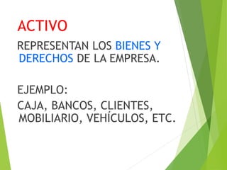 ACTIVO
REPRESENTAN LOS BIENES Y
DERECHOS DE LA EMPRESA.
EJEMPLO:
CAJA, BANCOS, CLIENTES,
MOBILIARIO, VEHÍCULOS, ETC.
 