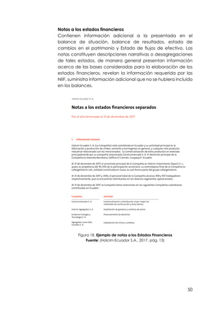 50
Notas a los estados financieros
Contienen información adicional a la presentada en el
balance de situación, balance de resultados, estado de
cambios en el patrimonio y Estado de flujos de efectivo. Las
notas constituyen descripciones narrativas o desagregaciones
de tales estados, de manera general presentan información
acerca de las bases consideradas para la elaboración de los
estados financieros, revelan la información requerida por las
NIIF, suministra información adicional que no se hubiera incluido
en los balances.
Figura 18. Ejemplo de notas a los Estados Financieros
Fuente: (Holcim Ecuador S.A., 2017, pág. 13)
 