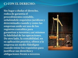 C) CON EL DERECHO:
Sin lugar a dudas el derecho,
rodea de garantía el
procedimiento contable,
señalándole requisitos jurídicos y
determinado cuando y como las
empresas ande ser uso de los
registros contables para
garantizar a terceros y así mismos
la fidelidad de las operaciones.
De otro lado, la contabilidad, en
su aplicación practica, ofrece a la
empresa un medio fidedigno
cuando reúne los requisitos para
justificar sus derechos y
obligaciones frente a terceros
 