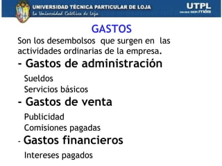 GASTOS
Son los desembolsos que surgen en las
actividades ordinarias de la empresa.
- Gastos de administración
Sueldos
Servicios básicos
- Gastos de venta
Publicidad
Comisiones pagadas
- Gastos financieros
Intereses pagados 41
 