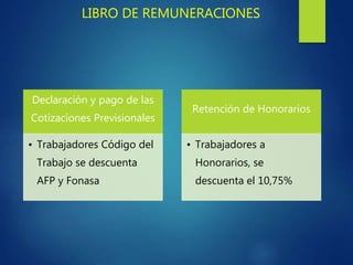LIBRO DE REMUNERACIONES
Declaración y pago de las
Cotizaciones Previsionales
• Trabajadores Código del
Trabajo se descuenta
AFP y Fonasa
Retención de Honorarios
• Trabajadores a
Honorarios, se
descuenta el 10,75%
 