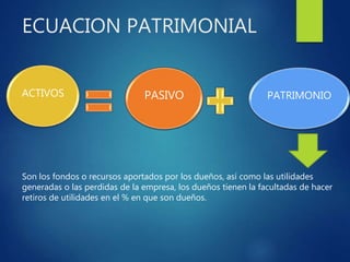 ECUACION PATRIMONIAL
ACTIVOS PASIVO PATRIMONIO
Son los fondos o recursos aportados por los dueños, así como las utilidades
generadas o las perdidas de la empresa, los dueños tienen la facultadas de hacer
retiros de utilidades en el % en que son dueños.
 