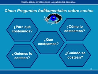 12
PRIMERA SESIÓN: INTRODUCCIÓN A LA CONTABILIDAD GERENCIAL
Cinco Preguntas fundamentales sobre costos
¿Qué
costeamos?
¿Para qué
costeamos?
¿Cómo lo
costeamos?
¿Quiénes lo
costean?
¿Cuándo se
costean?
 