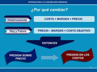 8
INTRODUCCIÓN A LA CONTABILIDAD GERENCIAL
¿Por qué cambiar?
Históricamente COSTO + MARGEN = PRECIO
Hoy y Futuro PRECIO – MARGEN = COSTO OBJETIVO
ENTONCES
PRESION SOBRE
PRECIO
PRESION EN LOS
COSTOS
 