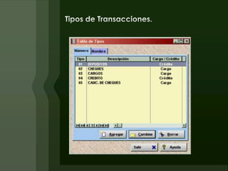 Además el sistema lleva una contabilidad de ingresos y egresos solo con la información de las chequeras, para ver un flujo de efectivo, de este modo la información de bancos pide un departamento y un concepto de ingreso/egreso.Departamentos.
