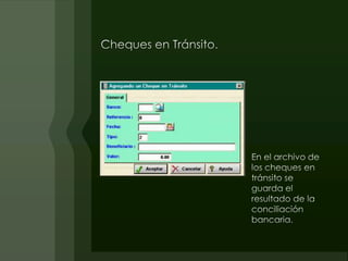 Estos tienen la misma finalidad que los departamentos, solo que esta vez la estadística sería por el concepto de ingreso o egreso, además de contar también con un flujo de efectivo.Tipos de Transacciones.