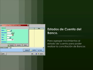 Reporte de Conciliación.Al pedir el reporte de la conciliación, se presume que ya se ha hecho la captura de los datos del estado de cuenta de banco, y el reporte primeramente hace el proceso de comparación de los movimientos del banco y los movimientos que nosotros tenemos, para eso le tenemos que dar como dato la cuenta del banco la cual queremos conciliar y su saldo inicial, este solo la primera vez se necesita capturar, ya que de ahí en delante lo obtiene del resultado de la conciliación del mes anterior.