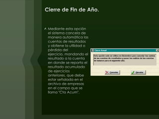 Acumular Saldos.Debe ejecutarse después de hacer cualquier cambio al archivo de asientos contables y antes de hacer cualquier consulta o listado que no sea Catálogo de Cuentas o Asientos Contables (ya que éstos son los únicos que no requieren de la información de saldos).El sistema permite generar los saldos de varios meses en una sola operación:Indicando el mes inicial y final del año seleccionado.Esta opción permite generar los saldos de cada una de las cuentas del catálogo a partir de laspartidas de las pólizas contables.