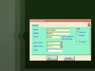 SeguridadCuenta con las siguientes funciones:· Usuarios· Cambio de Usuarios· Cambio de Contraseña· Usuarios del Sistema