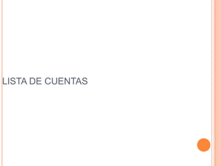 1 ACTIVO11 Activo circulante1101 Fondo Fijo de Caja1102 Bancos1103 Inversiones en Valores1104 Cuentas por cobrar1105 Documentos por cobrar12 Activo Fijo1201 Terrenos y Mejoras1202 Edificios y Construcciones1203 Mobiliario y Equipo de Servicio Asistencial1204 Mobiliario y Equipo de Administración1205 Equipo de Transporte de Servicio Asistencial1206 Equipo de Transporte de Administración1207 Otros Equipos13 Otros Activo1301 Hipotecas por Cobrar1302 Depositos Otorgados en Garantía