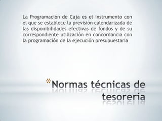 La Programación de Caja es el instrumento con
el que se establece la previsión calendarizada de
las disponibilidades efectivas de fondos y de su
correspondiente utilización en concordancia con
la programación de la ejecución presupuestaria




          *
 
