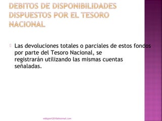    Las devoluciones totales o parciales de estos fondos
    por parte del Tesoro Nacional, se
    registrarán utilizando las mismas cuentas
    señaladas.




              eddyport2010@hotmail.com
 
