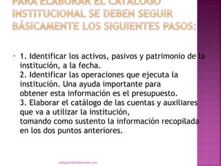 •   1. Identificar los activos, pasivos y patrimonio de la
    institución, a la fecha.
    2. Identificar las operaciones que ejecuta la
    institución. Una ayuda importante para
    obtener esta información es el presupuesto.
    3. Elaborar el catálogo de las cuentas y auxiliares
    que va a utilizar la institución,
    tomando como sustento la información recopilada
    en los dos puntos anteriores.


               eddyport2010@hotmail.com
 