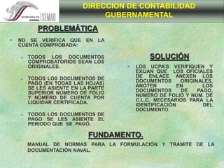  NO SE VERIFICA QUE EN LA
CUENTA COMPROBADA:
 TODOS LOS DOCUMENTOS
COMPROBATORIOS SEAN LOS
ORIGINALES.
 TODOS LOS DOCUMENTOS DE
PAGO (EN TODAS LAS HOJAS)
SE LES ASIENTE EN LA PARTE
SUPERIOR NÚMERO DE FOLIO
Y NÚMERO DE CUENTA POR
LIQUIDAR CERTIFICADA.
 TODOS LOS DOCUMENTOS DE
PAGO SE LES ASIENTE EL
PERIODO QUE SE PAGÓ.
 LOS UCPA’S VERIFIQUEN Y
EXIJAN QUE LOS OFICIALES
DE ENLACE ANEXEN LOS
DOCUMENTOS ORIGINALES,
ANOTEN EN LOS
DOCUMENTOS DE PAGO,
NUMERO DE FOLIO Y NUM. DE
C.L.C. NECESARIOS PARA LA
IDENTIFICACIÓN DEL
DOCUMENTO.
 MANUAL DE NORMAS PARA LA FORMULACIÓN Y TRÁMITE DE LA
DOCUMENTACIÓN NAVAL.
DIRECCION DE CONTABILIDAD
GUBERNAMENTAL
PROBLEMÁTICA
SOLUCIÓN
FUNDAMENTO.
 