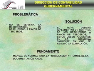  NO SE VERIFICA LA
RECUPERACIÓN DE
DESCUENTOS A FAVOR DE
TERCEROS.
 EL UCPA DEBERA
IMPLEMENTAR UN CONTROL
DE LOS DESCUENTOS A
FAVOR DE TERCEROS, Y
ESTOS DEBEN AJUSTARSE
EN LA QUINCENA
SIGUIENTE EN QUE SE
REALIZÓ LA EXTRACCIÓN.
 MANUAL DE NORMAS PARA LA FORMULACIÓN Y TRAMITE DE LA
DOCUMENTACIÓN NAVAL.
DIRECCION DE CONTABILIDAD
GUBERNAMENTAL
PROBLEMÁTICA
SOLUCIÓN
FUNDAMENTO
 