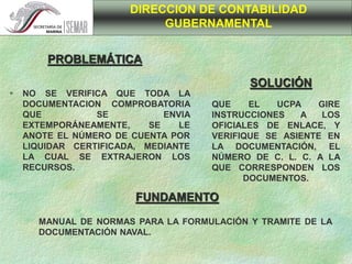 QUE EL UCPA GIRE
INSTRUCCIONES A LOS
OFICIALES DE ENLACE, Y
VERIFIQUE SE ASIENTE EN
LA DOCUMENTACIÓN, EL
NÚMERO DE C. L. C. A LA
QUE CORRESPONDEN LOS
DOCUMENTOS.
 NO SE VERIFICA QUE TODA LA
DOCUMENTACION COMPROBATORIA
QUE SE ENVIA
EXTEMPORÁNEAMENTE, SE LE
ANOTE EL NÚMERO DE CUENTA POR
LIQUIDAR CERTIFICADA, MEDIANTE
LA CUAL SE EXTRAJERON LOS
RECURSOS.
MANUAL DE NORMAS PARA LA FORMULACIÓN Y TRAMITE DE LA
DOCUMENTACIÓN NAVAL.
DIRECCION DE CONTABILIDAD
GUBERNAMENTAL
PROBLEMÁTICA
SOLUCIÓN
FUNDAMENTO
 