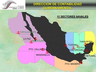 LA PAZ
MAZATLAN
PTO. VALLARTA
MANZANILLO
PTO. MADERO
LERMA
YUKALPETEN
CHETUMAL
COATZACOALCOS
TOPOLOBAMPO
DIRECCION DE CONTABILIDAD
GUBERNAMENTAL
TUXPAN
11 SECTORES NAVALES
 