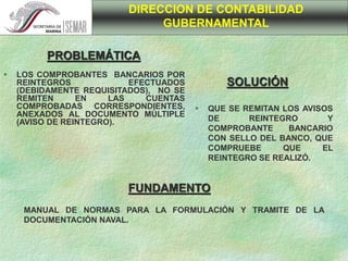  LOS COMPROBANTES BANCARIOS POR
REINTEGROS EFECTUADOS
(DEBIDAMENTE REQUISITADOS), NO SE
REMITEN EN LAS CUENTAS
COMPROBADAS CORRESPONDIENTES,
ANEXADOS AL DOCUMENTO MÚLTIPLE
(AVISO DE REINTEGRO).
 QUE SE REMITAN LOS AVISOS
DE REINTEGRO Y
COMPROBANTE BANCARIO
CON SELLO DEL BANCO, QUE
COMPRUEBE QUE EL
REINTEGRO SE REALIZÓ.
MANUAL DE NORMAS PARA LA FORMULACIÓN Y TRAMITE DE LA
DOCUMENTACIÓN NAVAL.
DIRECCION DE CONTABILIDAD
GUBERNAMENTAL
PROBLEMÁTICA
SOLUCIÓN
FUNDAMENTO
 
