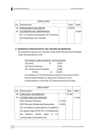 Contabilidad Gubernamental                                                  Excelencia Académica




     4) INCIDENCIA PRESUPUESTAL DEL RECIBO DE INGRESOS
        Se recepcionó ingresos por ventanilla: Tasas 9,200; Rentas de la Propiedad
        3,500; Venta de Bienes 3,500.


                    RECURSOS DIRECTAMENTE .RECAUDADOS
                    120 Tasas          S/.     9,200
                    140 Venta de Bienes                   3,500
                    160 Rentas de la Propiedad            3,500
                              TOTAL               S/.    16,200
                    Los ingresos por Transferencias se obtienen de los documentos
                    fuente comprometidos con Recursos Ordinarios o de lo
                    comprometido en el formato T-2 Informe Mensual del Gasto


                                 LIBRO DIARIO
     Cta    Denominación                                               Debe      Haber
      96    EJECUCIÓN DE INGRESOS                                      37,400
      93    ESTIMACIONES DE INGRESOS                                              37,400
            9301 Recursos Ordinarios                          21,200
            9307 Recursos Directamente Recaudados             16,200
            Por la incidencia presupuestal de la captación
            de ingresos según R/I Nº 001 y Transferencias
            del      Gobierno   Central   según    el   T-2
            correspondiente al presente mes.



22                                                                Universidad Peruana Los Andes
 
