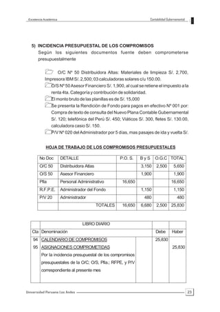 Excelencia Académica                                                    Contabilidad Gubernamental




   5) INCIDENCIA PRESUPUESTAL DE LOS COMPROMISOS
       Según los siguientes documentos fuente deben comprometerse
       presupuestalmente


            ?           O/C Nº 50 Distribuidora Altas: Materiales de limpieza S/. 2,700,
            Impresora IBM S/. 2,500; 03 calculadoras solares c/u 150.00.
            ? Nº 50 Asesor Financiero S/. 1,900, al cual se retiene el impuesto a la
             O/S
                renta 4ta. Categoría y contribución de solidaridad.
            ? monto bruto de las planillas es de S/. 15,000
             El
            ? presenta la Rendición de Fondo para pagos en efectivo Nº 001 por:
             Se
                Compra de texto de consulta del Nuevo Plana Contable Gubernamental
                S/. 120; telefónica del Perú S/. 450; Viáticos S/. 300, fletes S/. 130.00,
                calculadora casio S/. 150.
            ? Nº 020 del Administrador por 5 días, mas pasajes de ida y vuelta S/.
             P/V


             HOJA DE TRABAJO DE LOS COMPROMISOS PRESUPUESTALES

        No Doc           DETALLE                         P.O. S.   ByS      O.G.C TOTAL
        O/C 50           Distribuidora Atlas                       3,150     2,500        5,650
        O/S 50           Asesor Financiero                         1,900                  1,900
        Plla             Personal Administrativo          16,650                        16,650
        R.F.P.E.         Administrador del Fondo                   1,150                  1,150
        P/V 20           Administrador                              480                      480
                                               TOTALES    16,650   6,680     2,500 25,830



                                     LIBRO DIARIO
   Cta Denominación                                                          Debe        Haber
    94 CALENDARIO DE COMPROMISOS                                            25,830
    95 ASIGNACIONES COMPROMETIDAS                                                        25,830
         Por la incidencia presupuestal de los compromisos
         presupuestales de la O/C; O/S, Plla.; RFPE, y P/V
         correspondiente al presente mes



Universidad Peruana Los Andes                                                                         23
 