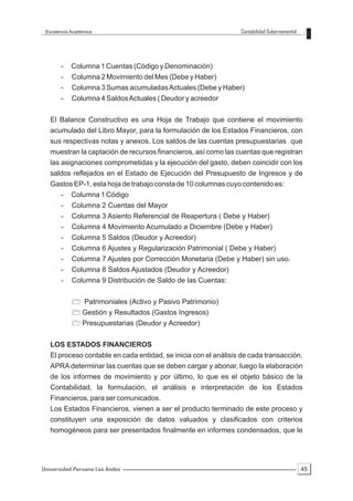 Excelencia Académica                                            Contabilidad Gubernamental




       -    Columna 1 Cuentas (Código y Denominación)
       -    Columna 2 Movimiento del Mes (Debe y Haber)
       -    Columna 3 Sumas acumuladas Actuales (Debe y Haber)
       -    Columna 4 Saldos Actuales ( Deudor y acreedor


   El Balance Constructivo es una Hoja de Trabajo que contiene el movimiento
   acumulado del Libro Mayor, para la formulación de los Estados Financieros, con
   sus respectivas notas y anexos. Los saldos de las cuentas presupuestarias que
   muestran la captación de recursos financieros, así como las cuentas que registran
   las asignaciones comprometidas y la ejecución del gasto, deben coincidir con los
   saldos reflejados en el Estado de Ejecución del Presupuesto de Ingresos y de
   Gastos EP-1, esta hoja de trabajo consta de 10 columnas cuyo contenido es:
       -    Columna 1 Código
       -    Columna 2 Cuentas del Mayor
       -    Columna 3 Asiento Referencial de Reapertura ( Debe y Haber)
       -    Columna 4 Movimiento Acumulado a Diciembre (Debe y Haber)
       -    Columna 5 Saldos (Deudor y Acreedor)
       -    Columna 6 Ajustes y Regularización Patrimonial ( Debe y Haber)
       -    Columna 7 Ajustes por Corrección Monetaria (Debe y Haber) sin uso.
       -    Columna 8 Saldos Ajustados (Deudor y Acreedor)
       -    Columna 9 Distribución de Saldo de las Cuentas:


            ? Patrimoniales (Activo y Pasivo Patrimonio)
            ? Gestión y Resultados (Gastos Ingresos)
            ? Presupuestarias (Deudor y Acreedor)


   LOS ESTADOS FINANCIEROS
   El proceso contable en cada entidad, se inicia con el análisis de cada transacción,
   APRA determinar las cuentas que se deben cargar y abonar, luego la elaboración
   de los informes de movimiento y por último, lo que es el objeto básico de la
   Contabilidad, la formulación, el análisis e interpretación de los Estados
   Financieros, para ser comunicados.
   Los Estados Financieros, vienen a ser el producto terminado de este proceso y
   constituyen una exposición de datos valuados y clasificados con criterios
   homogéneos para ser presentados finalmente en informes condensados, que le




Universidad Peruana Los Andes                                                                 45
 