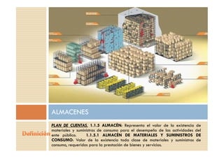 PLAN DE CUENTAS, 1.1.5 ALMACÉN: Representa el valor de la existencia de
materiales y suministros de consumo para el desempeño de las actividades del
ente público. 1.1.5.1 ALMACÉN DE MATERIALES Y SUMINISTROS DE
CONSUMO: Valor de la existencia toda clase de materiales y suministros de
consumo, requeridos para la prestación de bienes y servicios.
ALMACENES
 