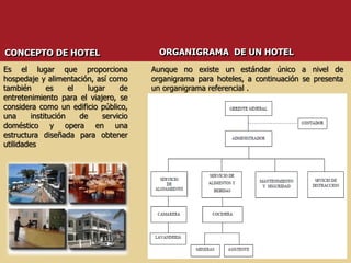 Es el lugar que proporciona
hospedaje y alimentación, así como
también es el lugar de
entretenimiento para el viajero, se
considera como un edificio público,
una institución de servicio
doméstico y opera en una
estructura diseñada para obtener
utilidades
CONCEPTO DE HOTEL ORGANIGRAMA DE UN HOTEL
Aunque no existe un estándar único a nivel de
organigrama para hoteles, a continuación se presenta
un organigrama referencial .
 