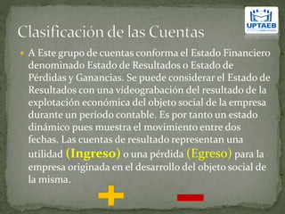  A Este grupo de cuentas conforma el Estado Financiero
denominado Estado de Resultados o Estado de
Pérdidas y Ganancias. Se puede considerar el Estado de
Resultados con una vídeograbación del resultado de la
explotación económica del objeto social de la empresa
durante un período contable. Es por tanto un estado
dinámico pues muestra el movimiento entre dos
fechas. Las cuentas de resultado representan una
utilidad (Ingreso) o una pérdida (Egreso) para la
empresa originada en el desarrollo del objeto social de
la misma.
 