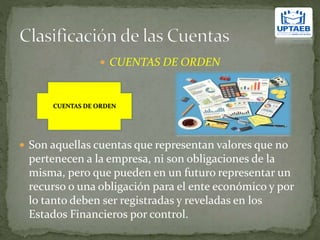  CUENTAS DE ORDEN
 Son aquellas cuentas que representan valores que no
pertenecen a la empresa, ni son obligaciones de la
misma, pero que pueden en un futuro representar un
recurso o una obligación para el ente económico y por
lo tanto deben ser registradas y reveladas en los
Estados Financieros por control.
CUENTAS DE ORDEN
 