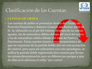  CUENTAS DE ORDEN
 Las cuentas de orden se presentan dentro del Estado de
Posición Financiera o Balance General, sin formar parte de
él. Su ubicación es al pie del mismo, después de las sumas
iguales, las de naturaleza débito debajo del total del activo
y las de naturaleza crédito debajo del total de Pasivo y
Patrimonio. Estas cuentas tienen como característica de
que no requieren de la partida doble, por ser una anotación
de control, pero para ser coherentes con este paradigma, se
utiliza la partida doble registrando dos cuentas que llevan
las misma denominación pero se diferencian porque a una
de ellas se le adiciona el sufijo "per contra“.
 