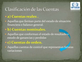  a) Cuentas reales .
 Aquellas que forman parte del estado de situación
financiera o balance general.
 b) Cuentas nominales.
 Aquellas que conforman el estado de resultado o
estado de ganancias y perdidas
 c) Cuentas de orden.
 Aquellas cuentas de control que representan futuras
variaciones
 