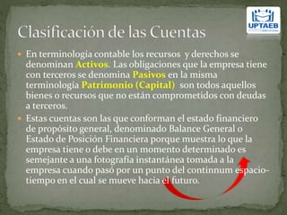  En terminología contable los recursos y derechos se
denominan Activos. Las obligaciones que la empresa tiene
con terceros se denomina Pasivos en la misma
terminología Patrimonio (Capital) son todos aquellos
bienes o recursos que no están comprometidos con deudas
a terceros.
 Estas cuentas son las que conforman el estado financiero
de propósito general, denominado Balance General o
Estado de Posición Financiera porque muestra lo que la
empresa tiene o debe en un momento determinado es
semejante a una fotografía instantánea tomada a la
empresa cuando pasó por un punto del continnum espacio-
tiempo en el cual se mueve hacia el futuro.
 